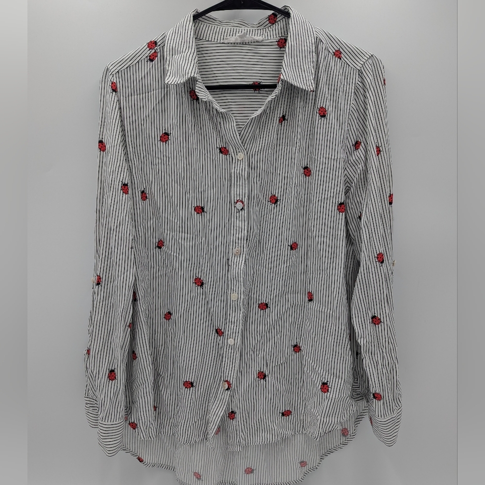 Jane & Delancey Ladybug Pinstripe Button Shirt large Rayon Boho White Eclectic
